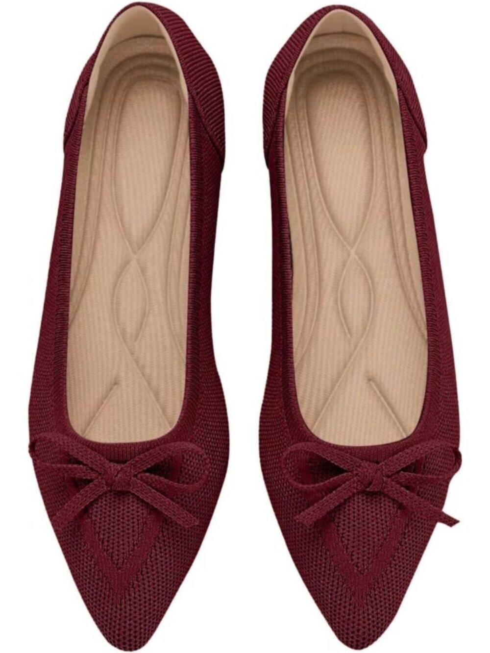 Women's Red Knit Ballet Flats Pointed Toe Bow Comfortable Dressy Shoes